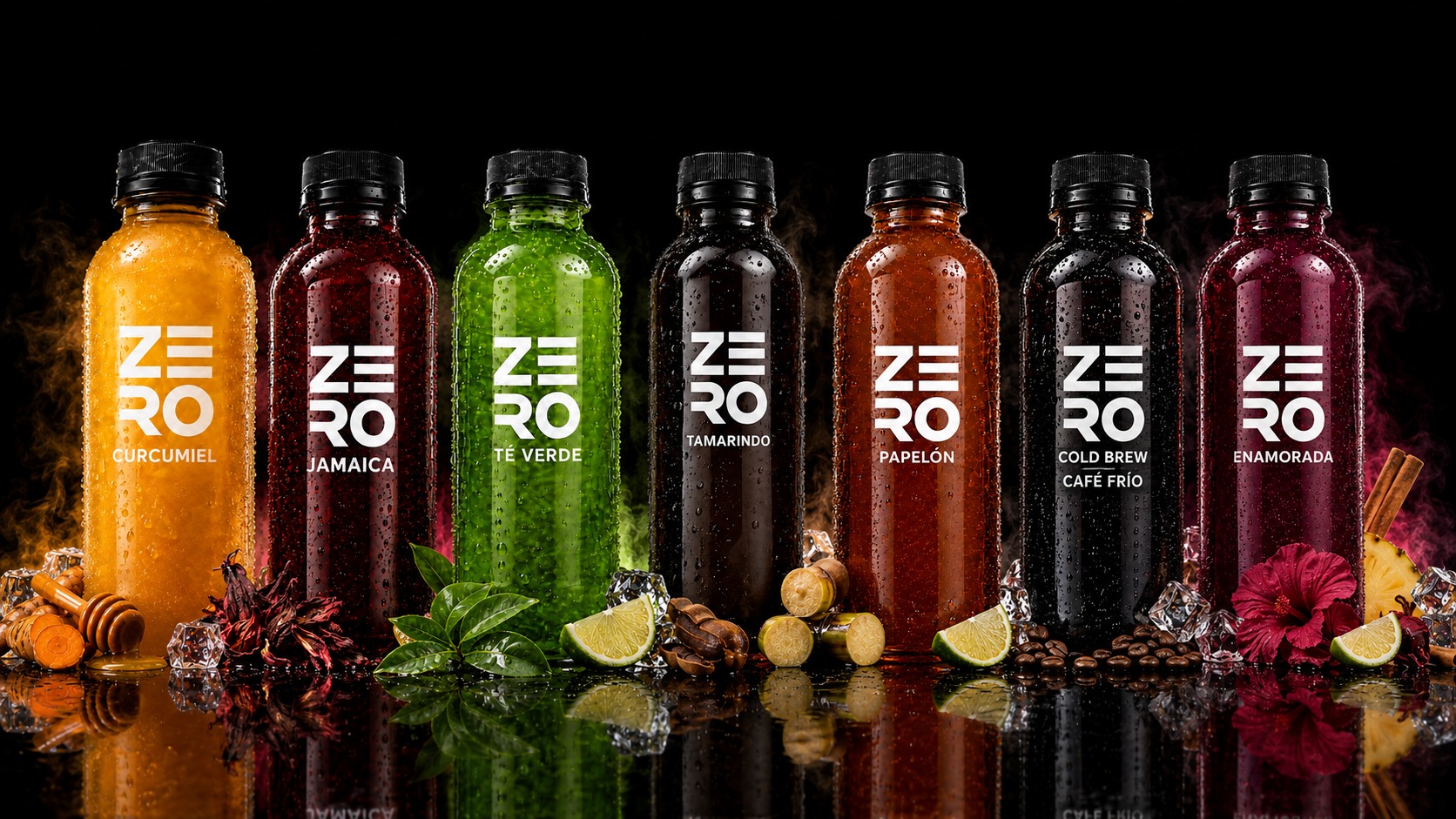 Los 5 sabores ZERO Drinks en línea: Jamaica, Curcumiel, Papelón, Té Verde y Cold Brew