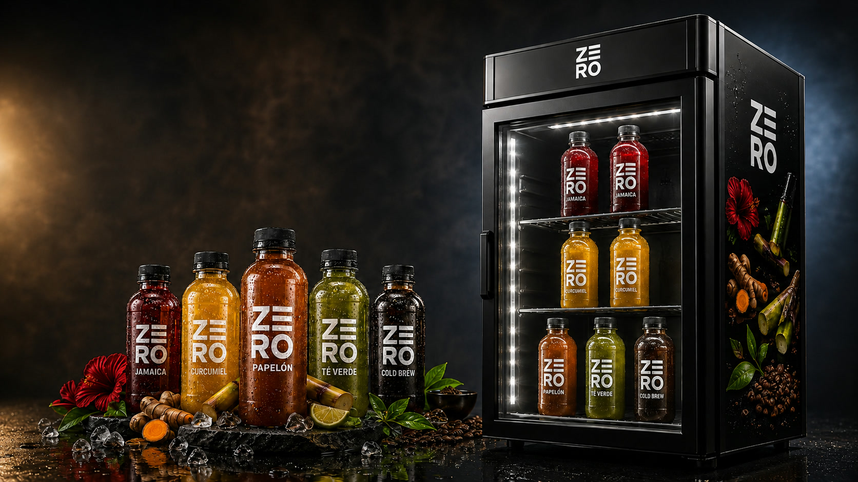 Nevera ZERO con las 5 botellas — Jamaica, Curcumiel, Papelón, Té Verde y Cold Brew, lista para tu negocio