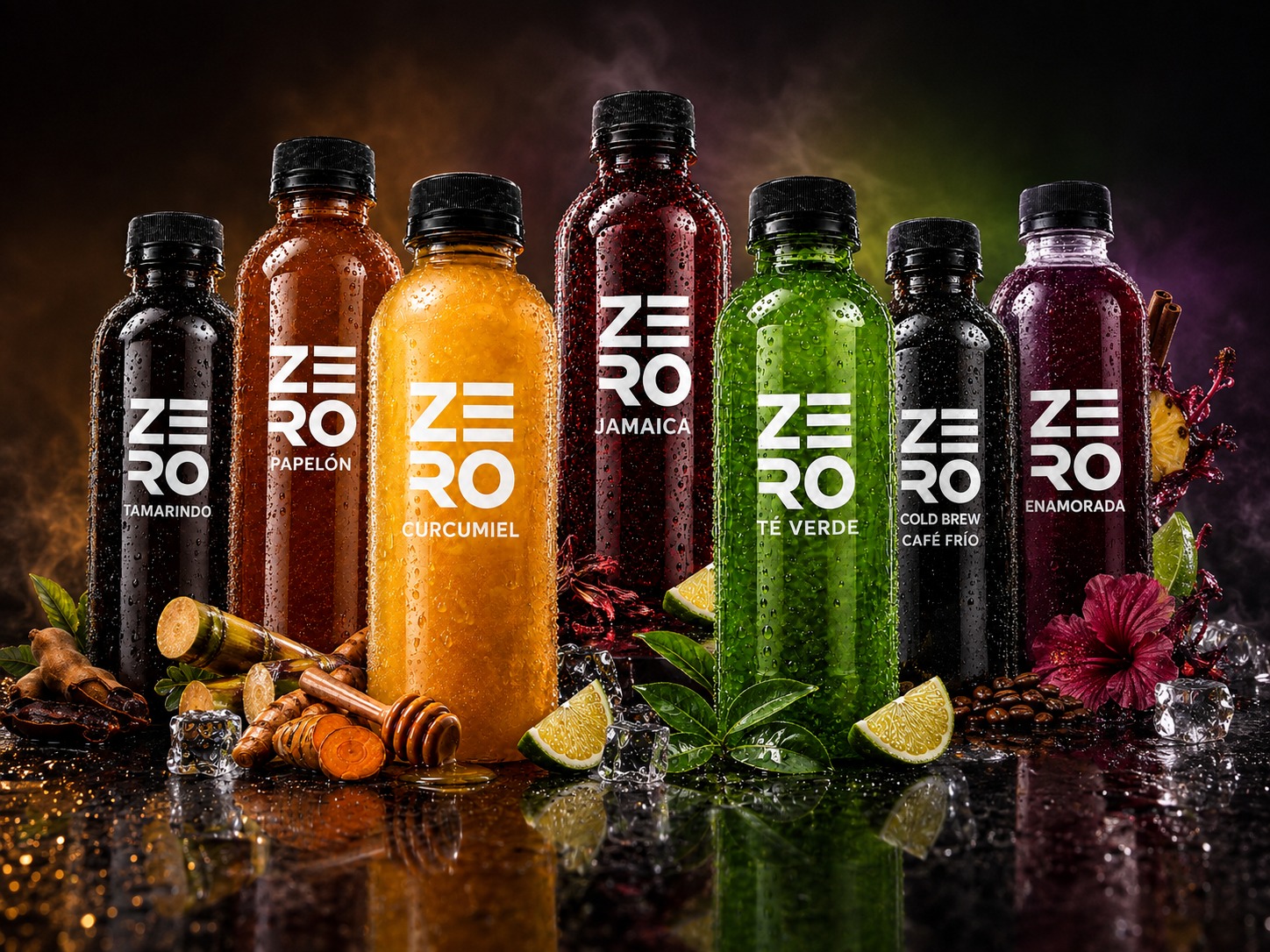 Pack Descubre — las 5 botellas ZERO: Jamaica, Curcumiel, Papelón, Té Verde y Cold Brew, una de cada sabor